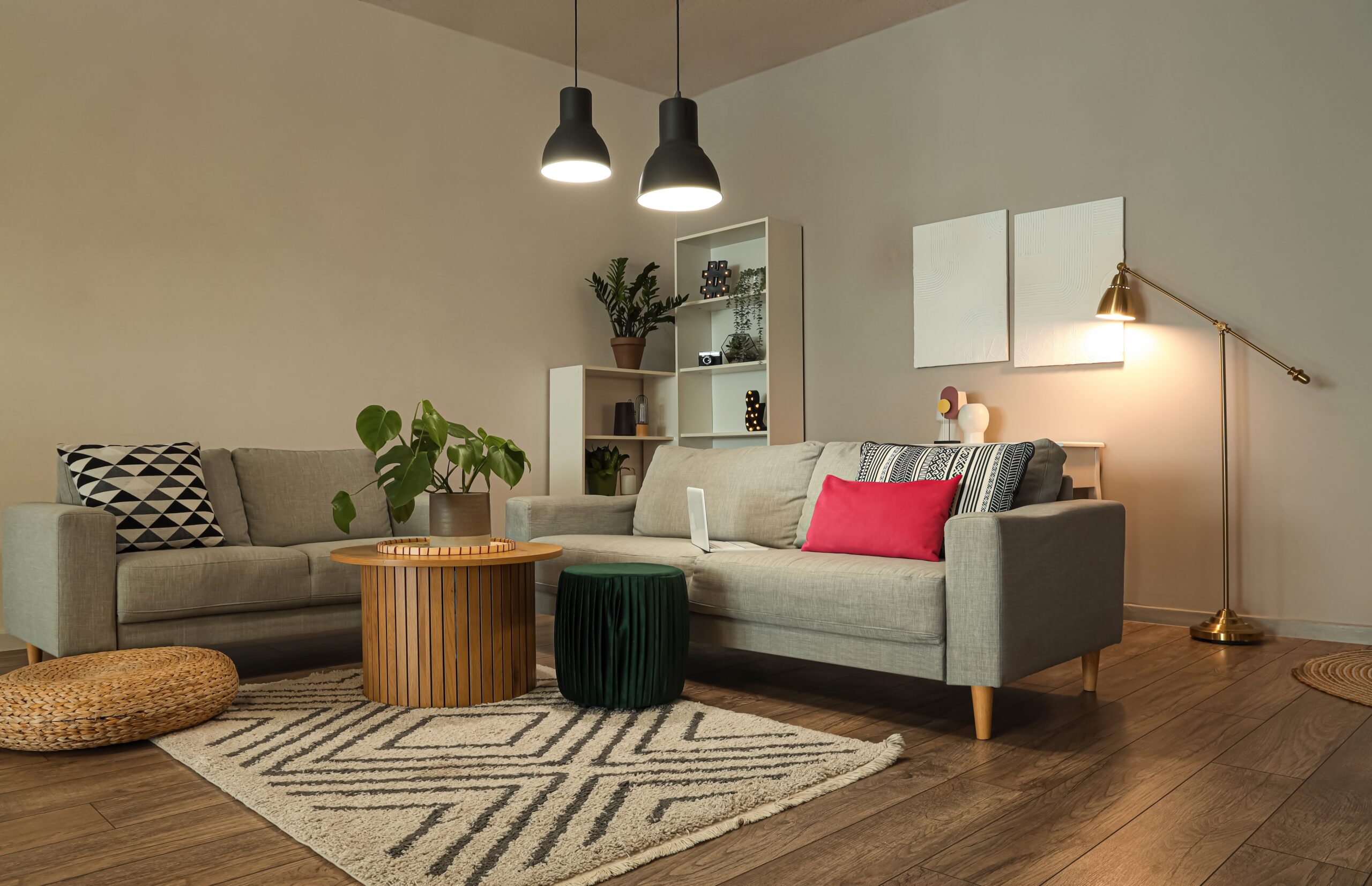 Interior,Of,Stylish,Living,Room,With,Grey,Sofas,And,Glowing
